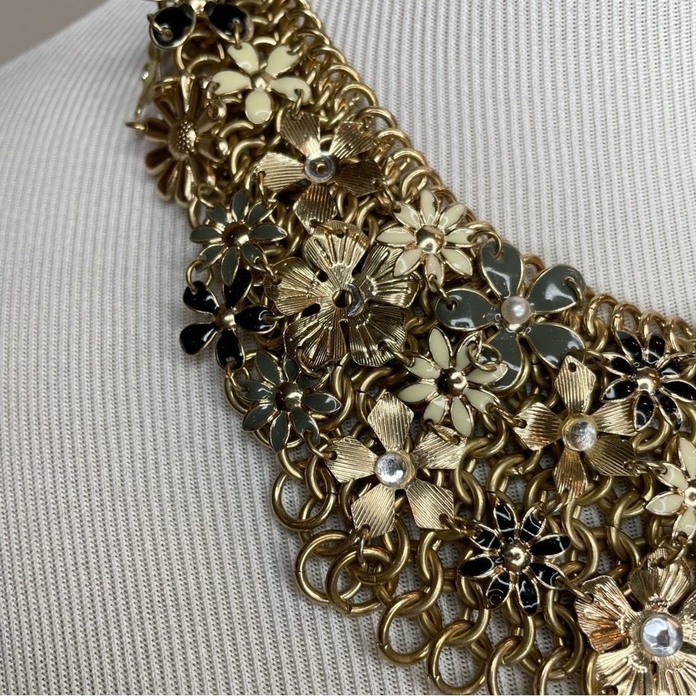 Gold Tone Floral Bib Necklace with Blue and Grey Accent Flowers - Picture 2 of 5